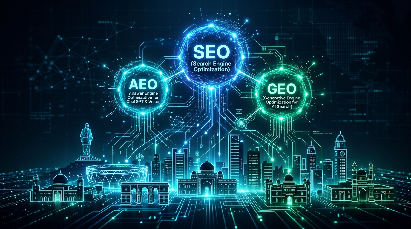 SEO, AEO and GEO Architecture Diagram for Ahmedabad Search Optimization